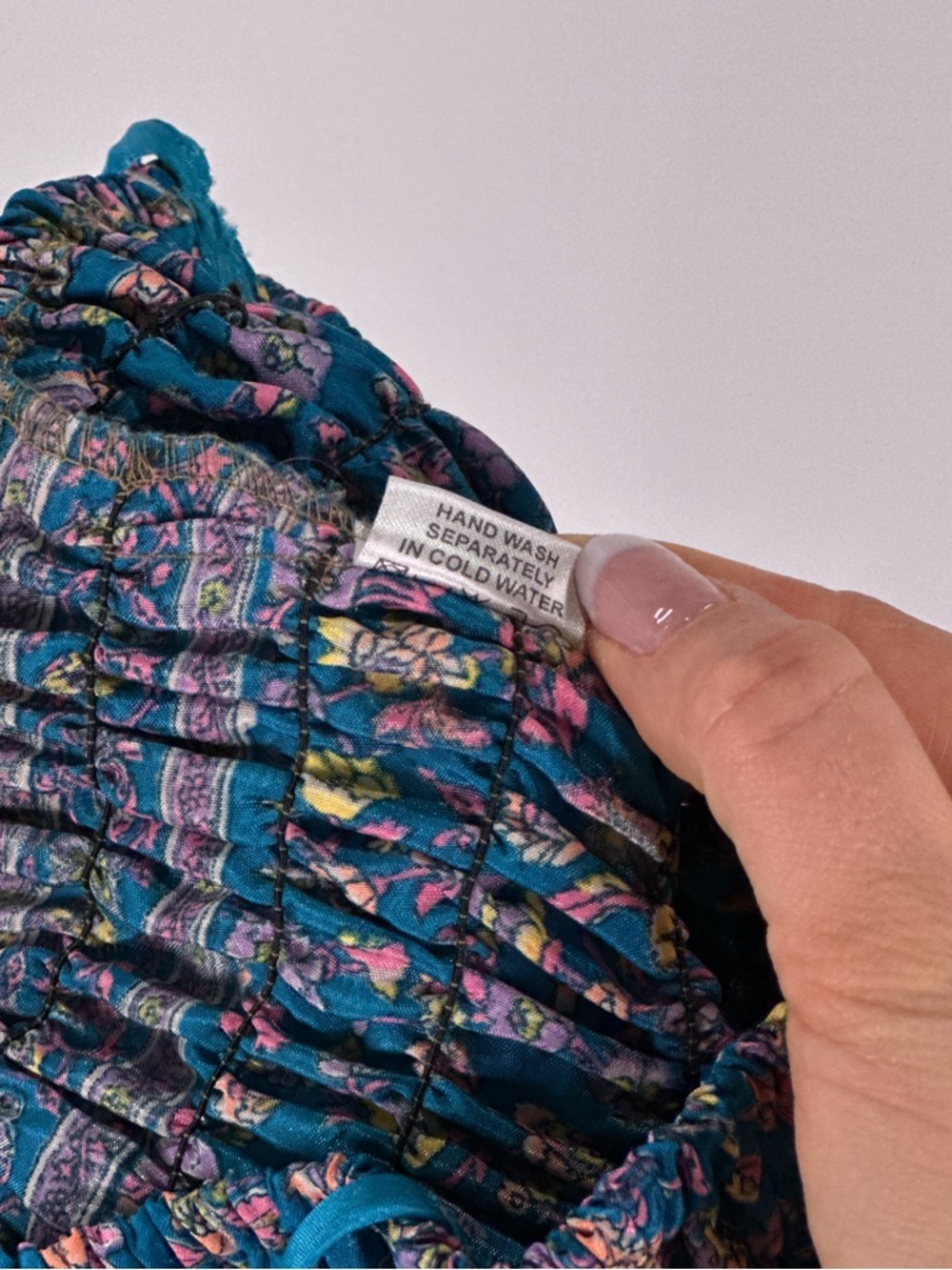 Fairycore Boho Smocked Tiered Maxi Dress Mixed Floral Silk Teal OS - Picture 9 of 12